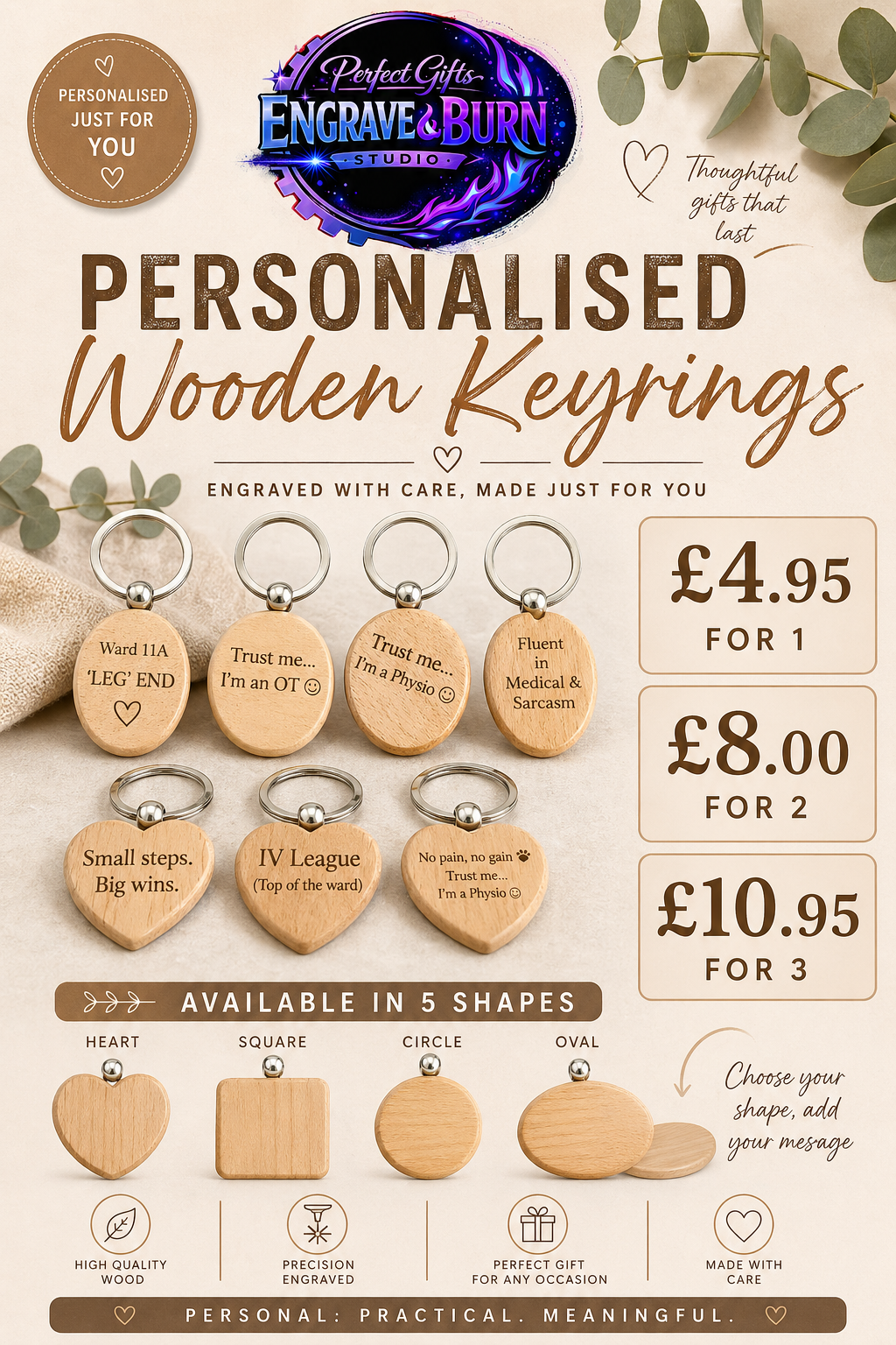 Personalised Wooden Engraved Keyrings | Custom Names, Quotes & Logos